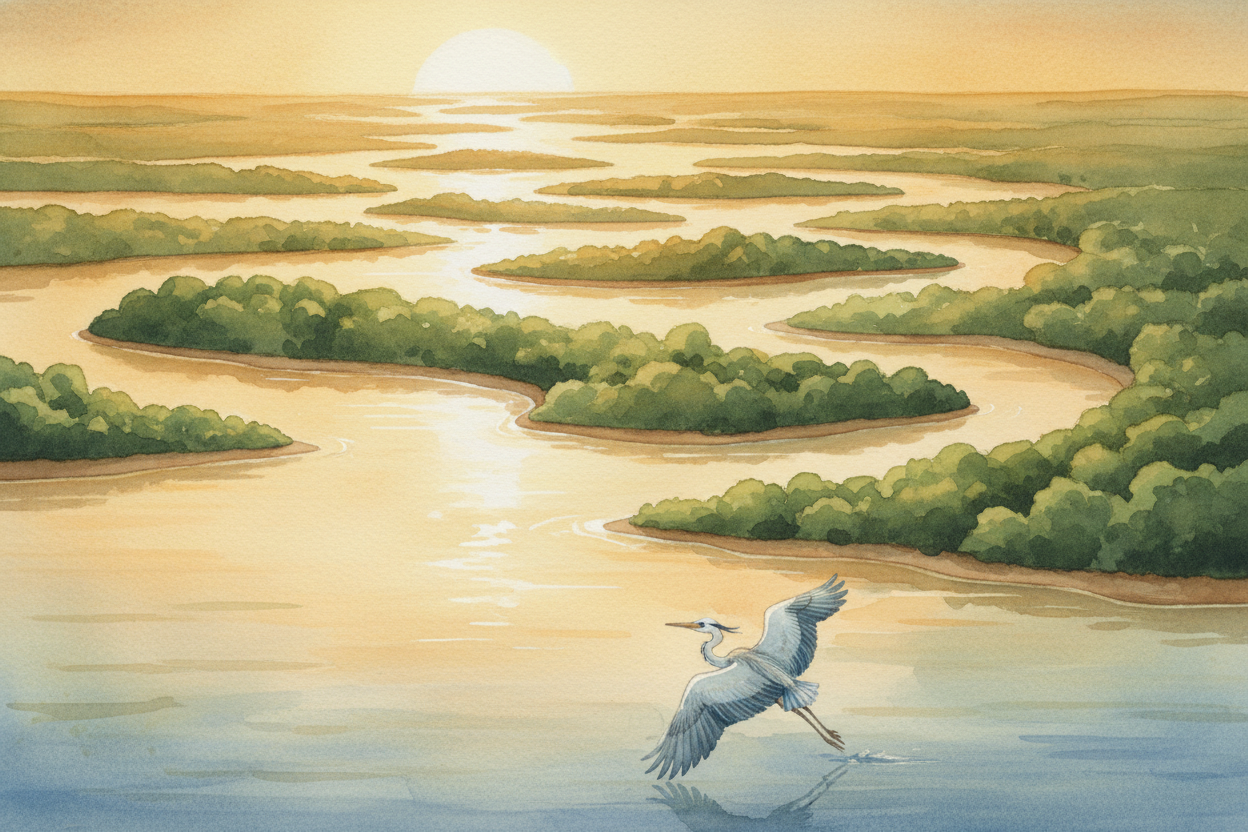 ~~So a delta isn't just where a river meets the sea.~~ It's where a river **drops its load**, splits into a maze, builds