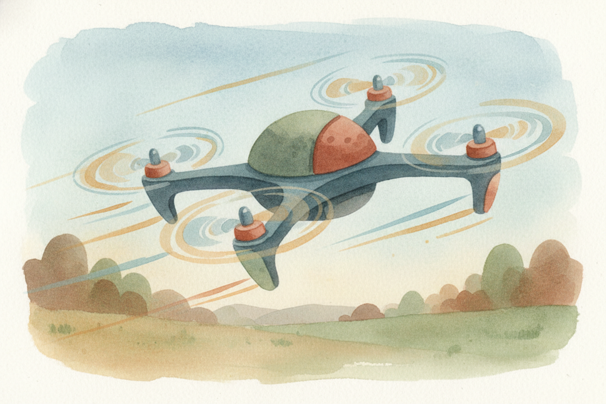 To tilt forward, backward, or sideways, the drone does something clever: it spins some propellers faster than others. ~~