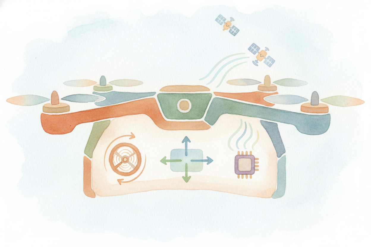 The drone's brain gets constant reports from sensors. A ++gyroscope++ sensor feels which way the drone is tilting — **im