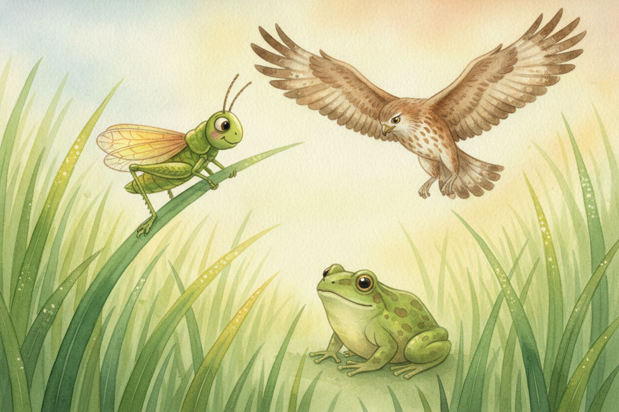 ~~Picture a meadow at breakfast time.~~ The grass is eating sunlight, a grasshopper is eating the grass, a frog is eyein