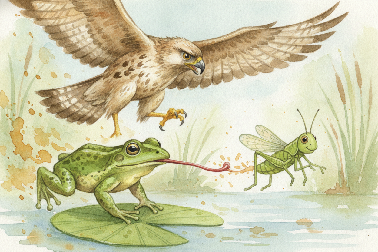 Then the frog eats the grasshopper, and the hawk eats the frog. Each one is a consumer passing the energy along, like a 