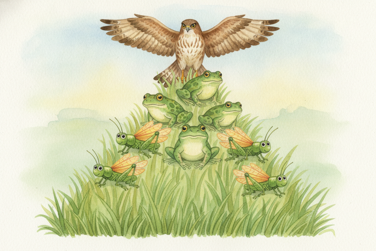 **That shrinking** is why food chains are short and why big hunters are rare. There's heaps of grass, ~~plenty of grassh