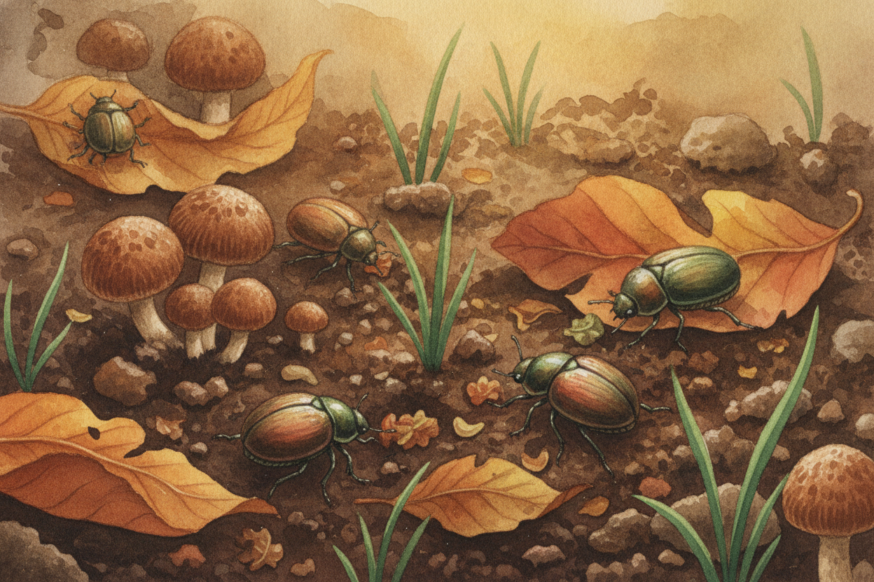 And when the hawk one day dies, the chain ~~doesn't just stop~~. **Tiny cleanup crews** — mushrooms, beetles, and bacter