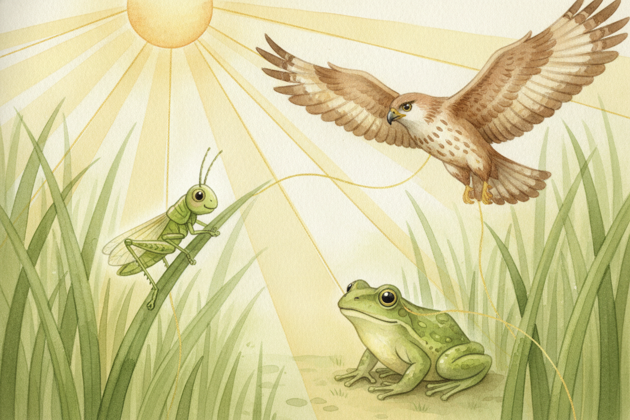 So a food chain isn't really a list of dinners. It's **a long, living straw**, ~~sipping sunshine~~ and *passing it from