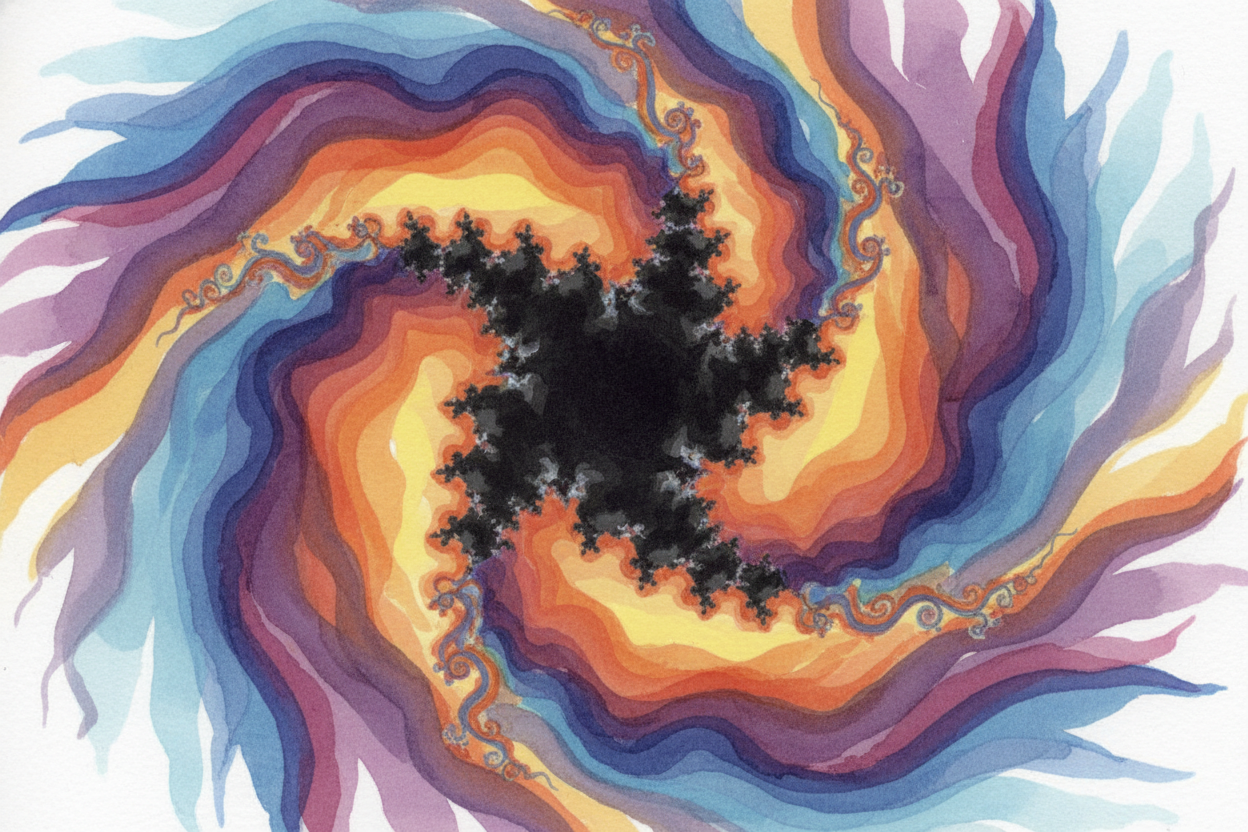 The most famous fractal is probably the ++Mandelbrot set++ — that **psychedelic poster shape** you've seen, all swirls a