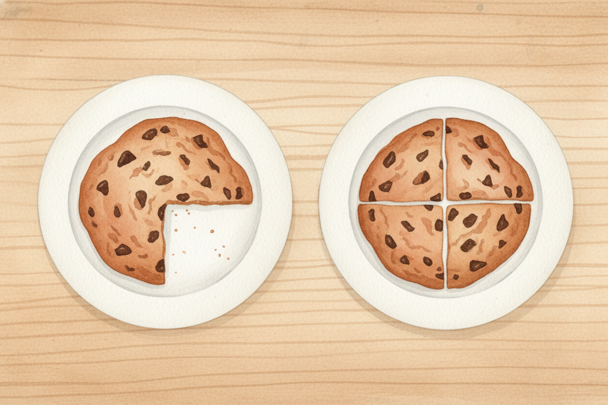 ~~Here's the magic:~~ 2/4 and 1/2 are the **SAME amount of cookie**. Two pieces out of four equals one piece out of two.
