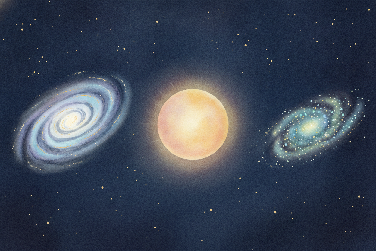 And galaxies come in shapes, **like cookies cut from different cutters**. Some are flat, swirling spirals with curling a