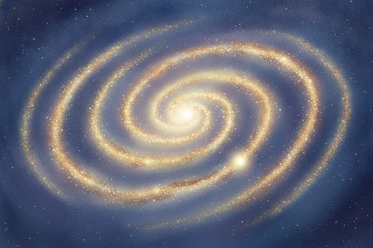 Now, our galaxy. Its name is the ++Milky Way++, and it's one of those swirling spiral ones — a **flat, spinning disk wit
