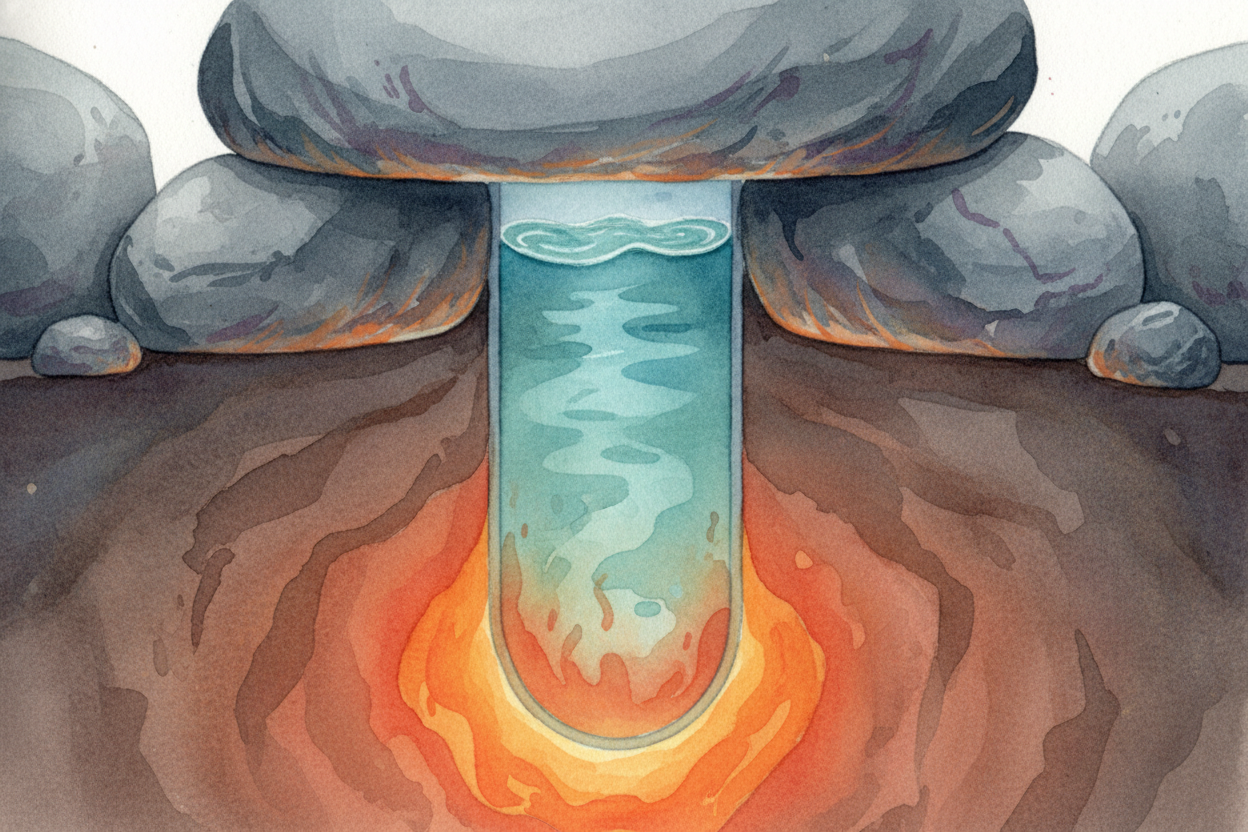 A geyser is basically **Earth's pressure cooker**. You know how a pot of water boils at *100°C* and turns to steam? Unde