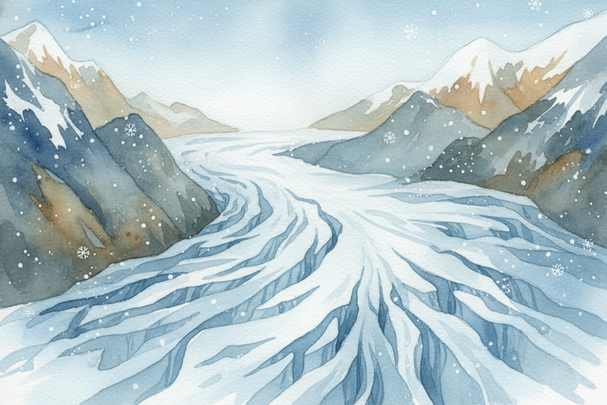 A glacier is **a river made of ice** — except it doesn't flow like water. ~~It creeps. It grinds.~~ It takes *a hundred 