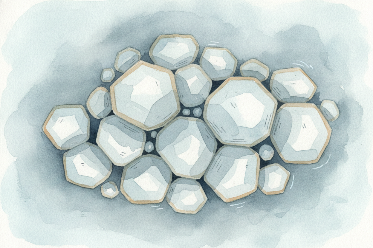 The ice crystals themselves don't melt. Instead, they slide past each other, **grain by grain**, rearranging under press
