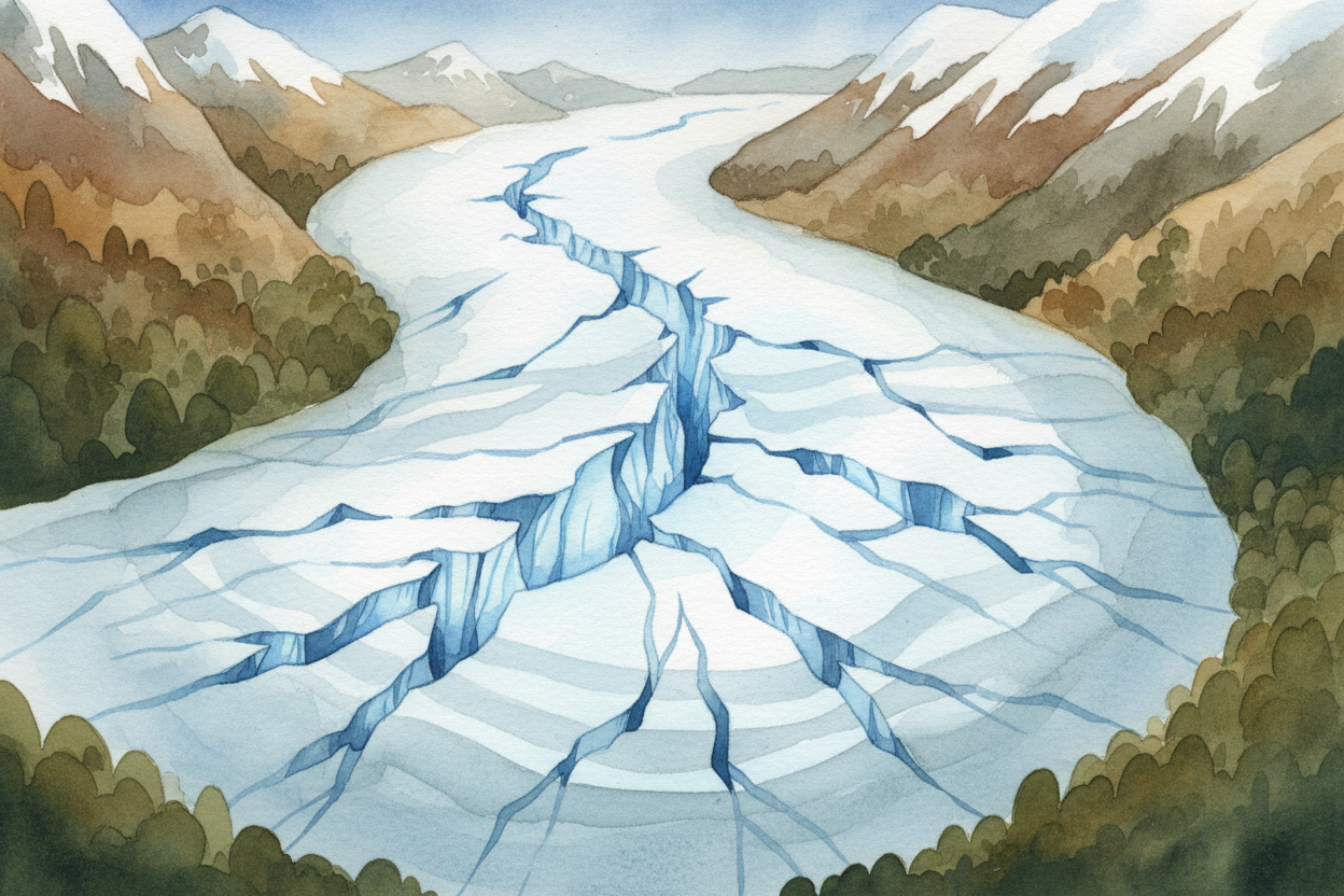 Gravity pulls the glacier downhill. The ice flows fastest in the middle and at the top — sometimes **a few feet per day*