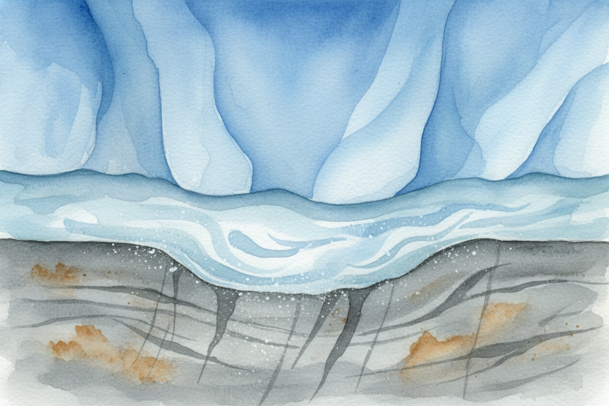 The bottom of the glacier has a **secret weapon**: a thin layer of meltwater. The *immense pressure* down there lowers t