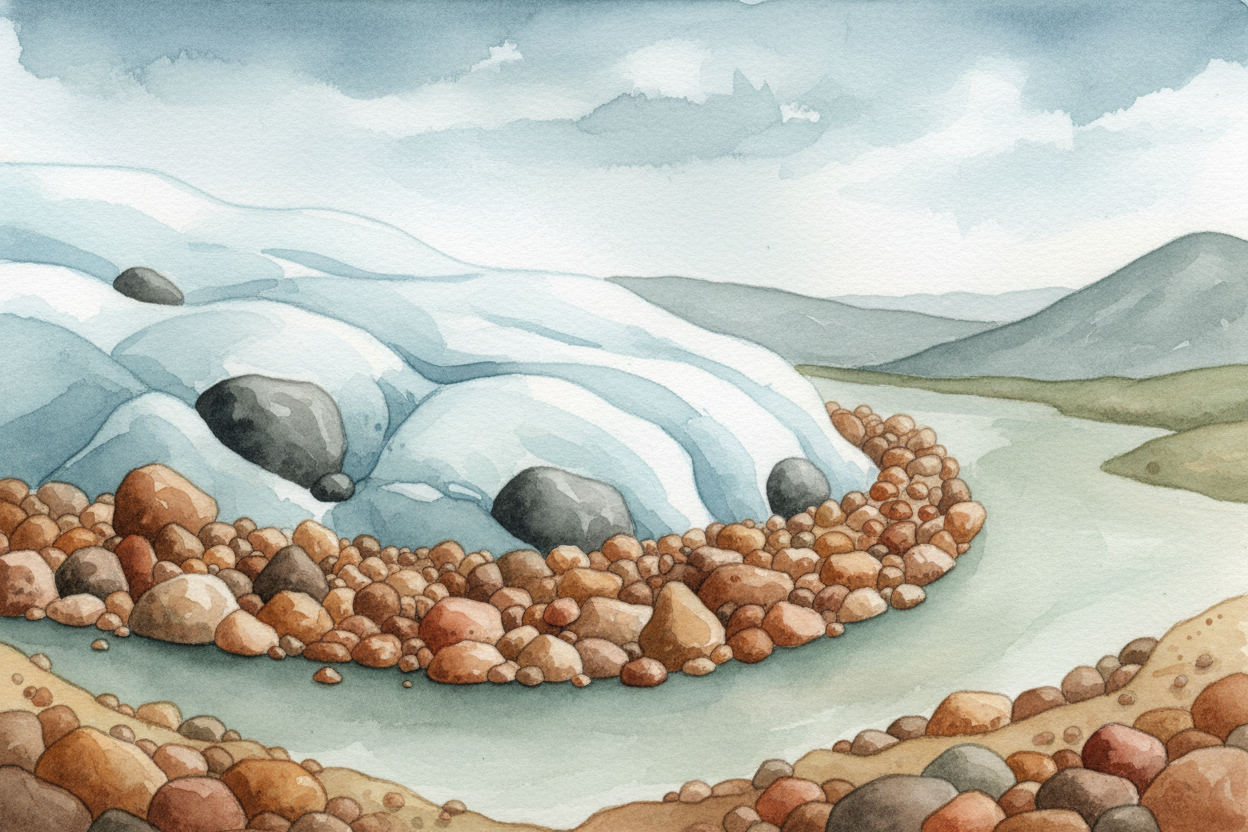As the glacier inches forward, it acts like a **giant bulldozer**, shoving rocks and soil into piles at its front edge. 