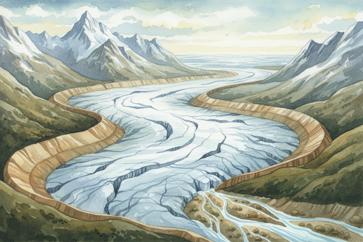 So a glacier moves the way **ice cream melts off a tilted cone** — _not by dripping away_, but by slowly deforming under