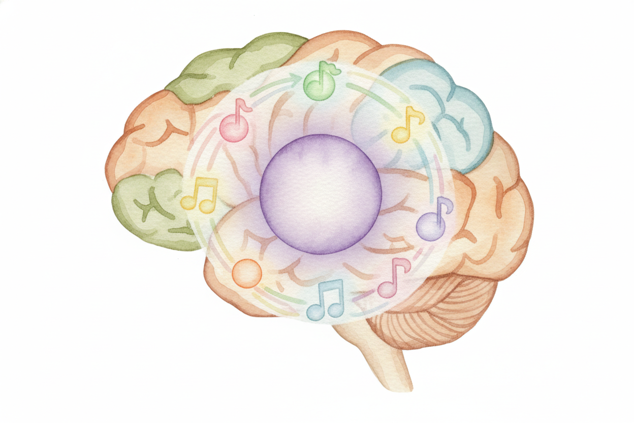 Why do melodies stick so hard? Because your brain has a ++short-term memory loop++ — like a rehearsal stage where sounds