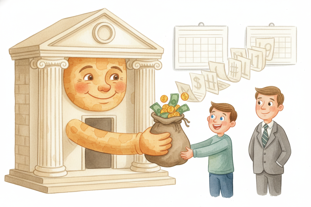 ~~Here's how it works:~~ the bank lends you the money to buy the house right now. You get to move in today, even though 