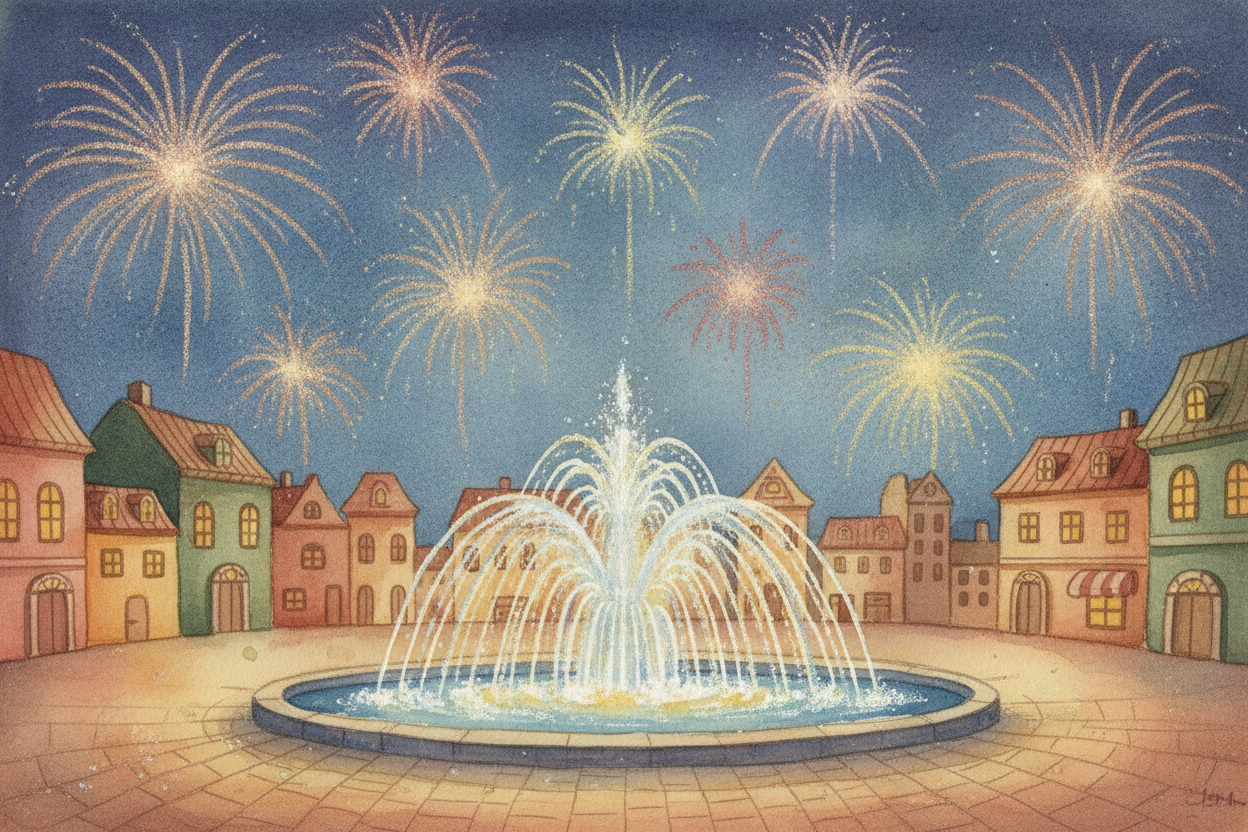 Even the biggest leaps obey it. A diver springing off a board, a fountain in a city square, fireworks blooming open — **