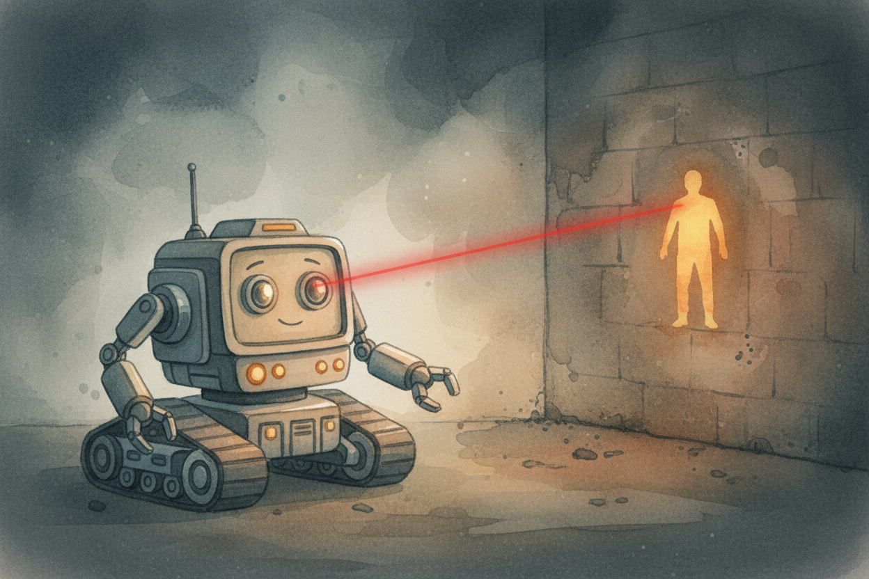 Robots can also have sensors you don't have. Laser rangefinders that **bounce light off walls** to measure distance. Inf