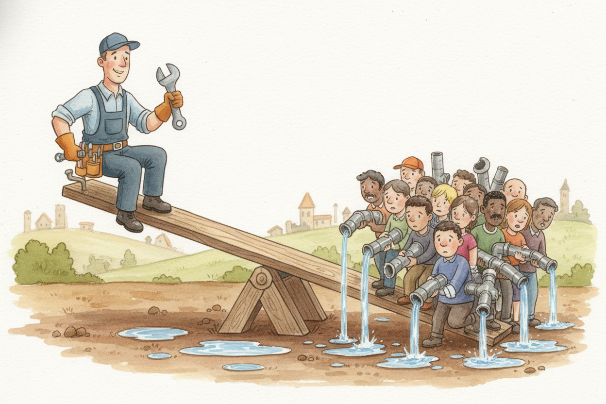 Third: supply and demand, **the invisible seesaw**. Imagine a town with ~~one plumber and a hundred leaky pipes~~. That 
