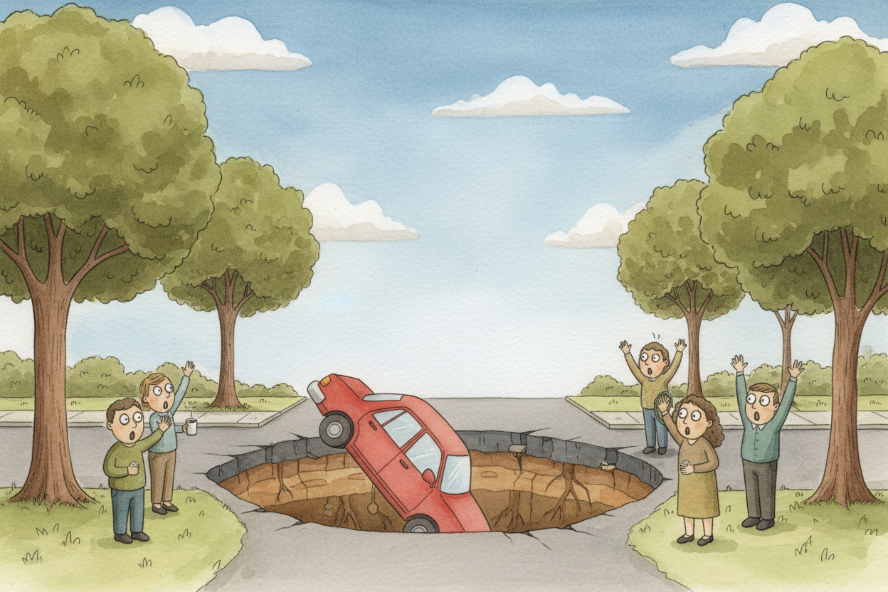 Imagine walking down the street when suddenly — ~~whoosh!~~ — **the ground opens up like a trapdoor**, swallowing cars, 