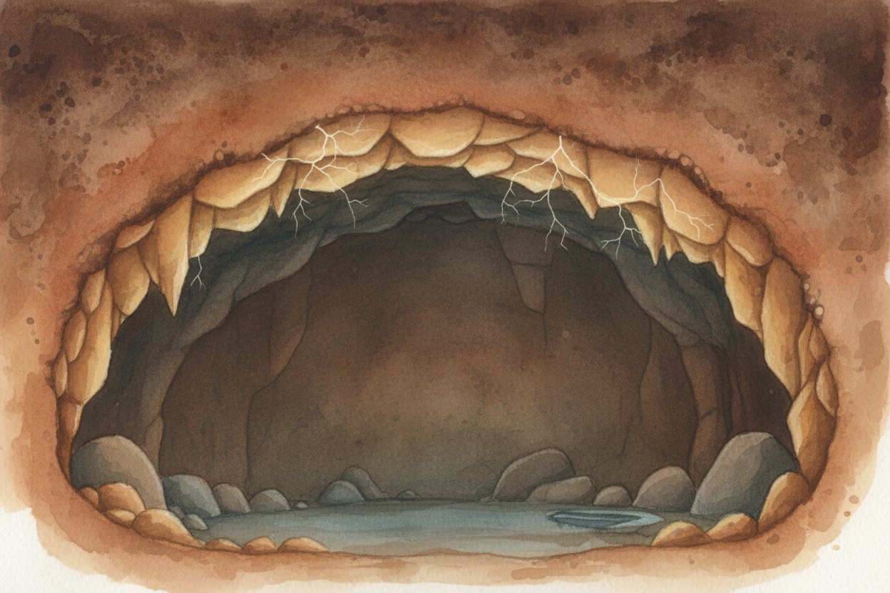 For a long time, nothing dramatic happens. The cave gets bigger. The rock roof gets thinner. The soil above it stays put