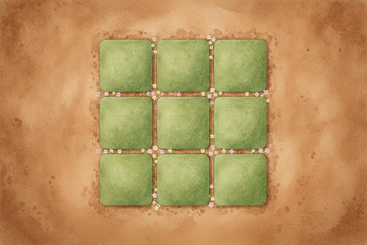 Why "square," though? Picture building a perfectly square patch of garden, **three tiles across and three tiles down**. 