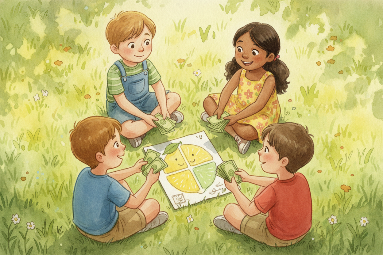 Imagine you and three friends want to open a lemonade stand, but you need money for lemons, sugar, a table, and a big pi