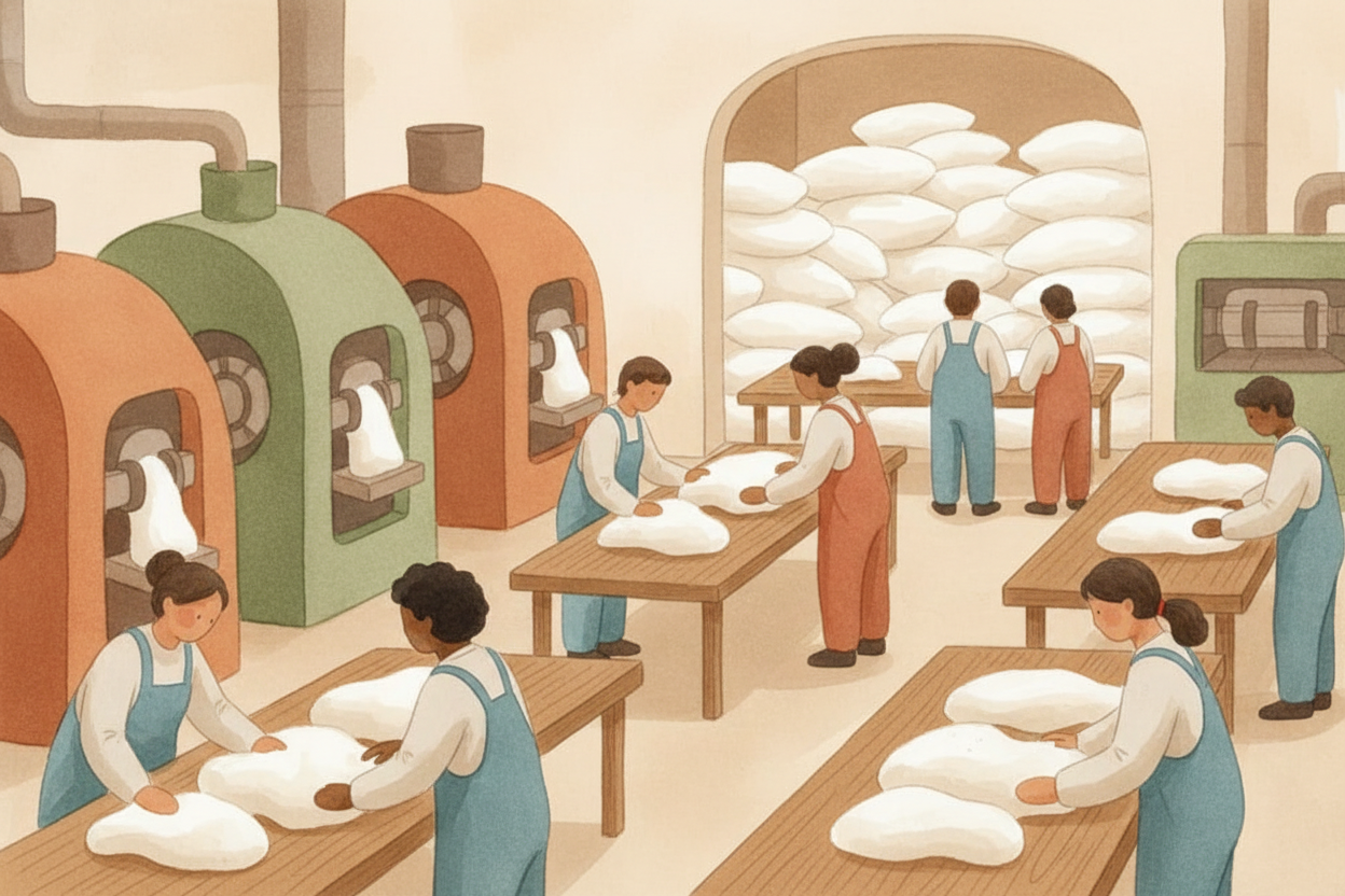 At the factory — probably on another continent — workers cut fabric and sewed it into shirt shapes. ~~But they didn't gr