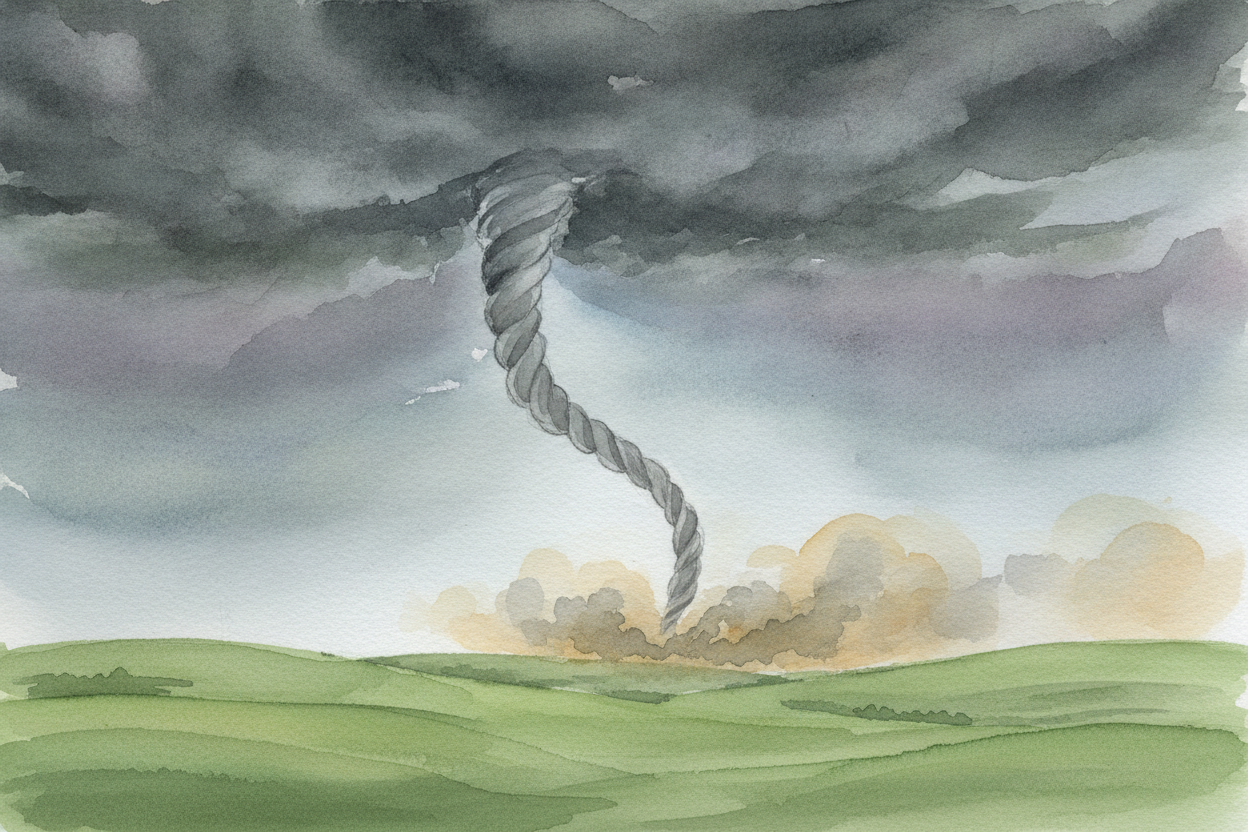 A tornado looks like ~~the sky reached down and decided to dance~~ — a spinning rope of cloud, twisting across the groun