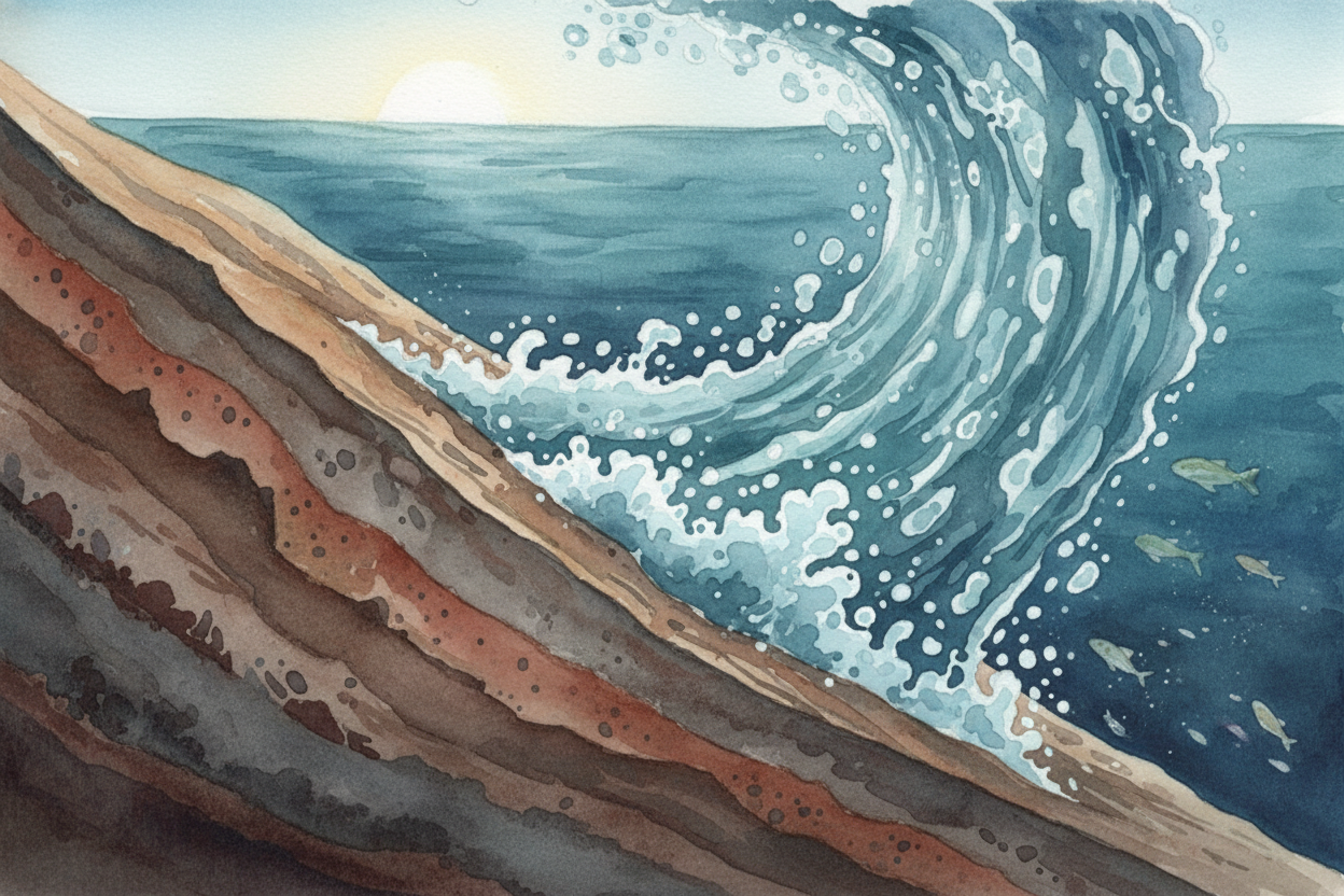 When the seafloor suddenly jumps up or drops down during a quake, it shoves ~~billions of tons~~ of water out of the way