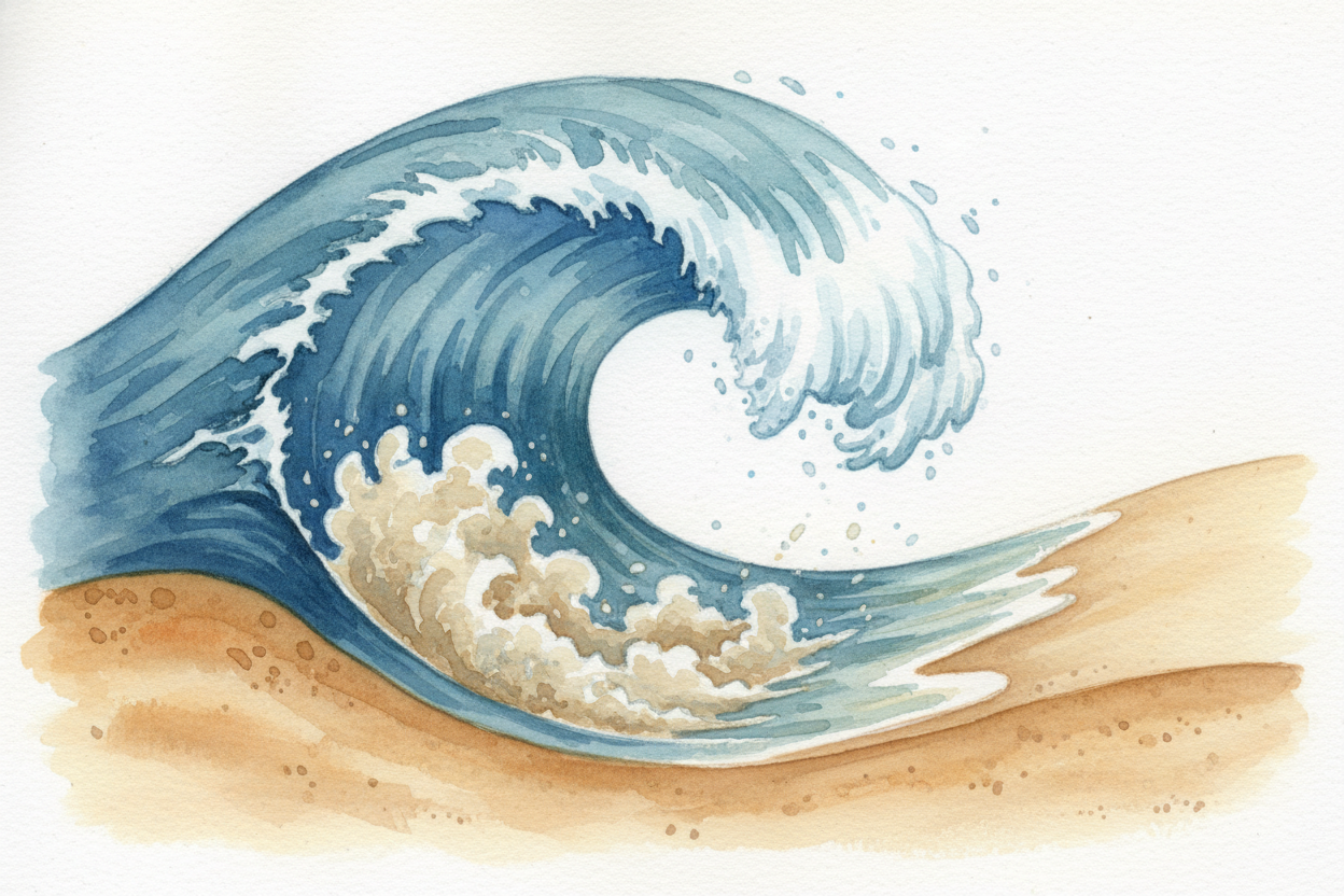~~The trouble starts~~ when those waves reach shallow water near shore. The ocean floor rises up and **slows down the bo