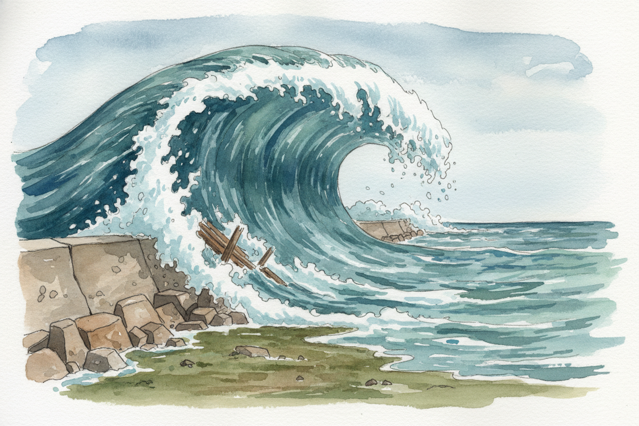 It's like a **hundred-mile-long rug** getting bunched up against a wall. The wave grows taller and taller — sometimes ~~