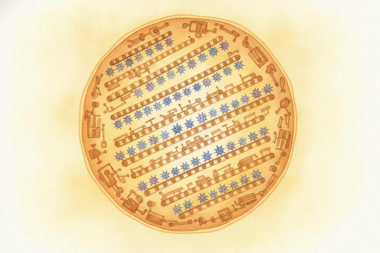Inside, the virus's recipe **hijacks the cell's machinery**. The poor cell, _following orders it can't tell are fake_, s