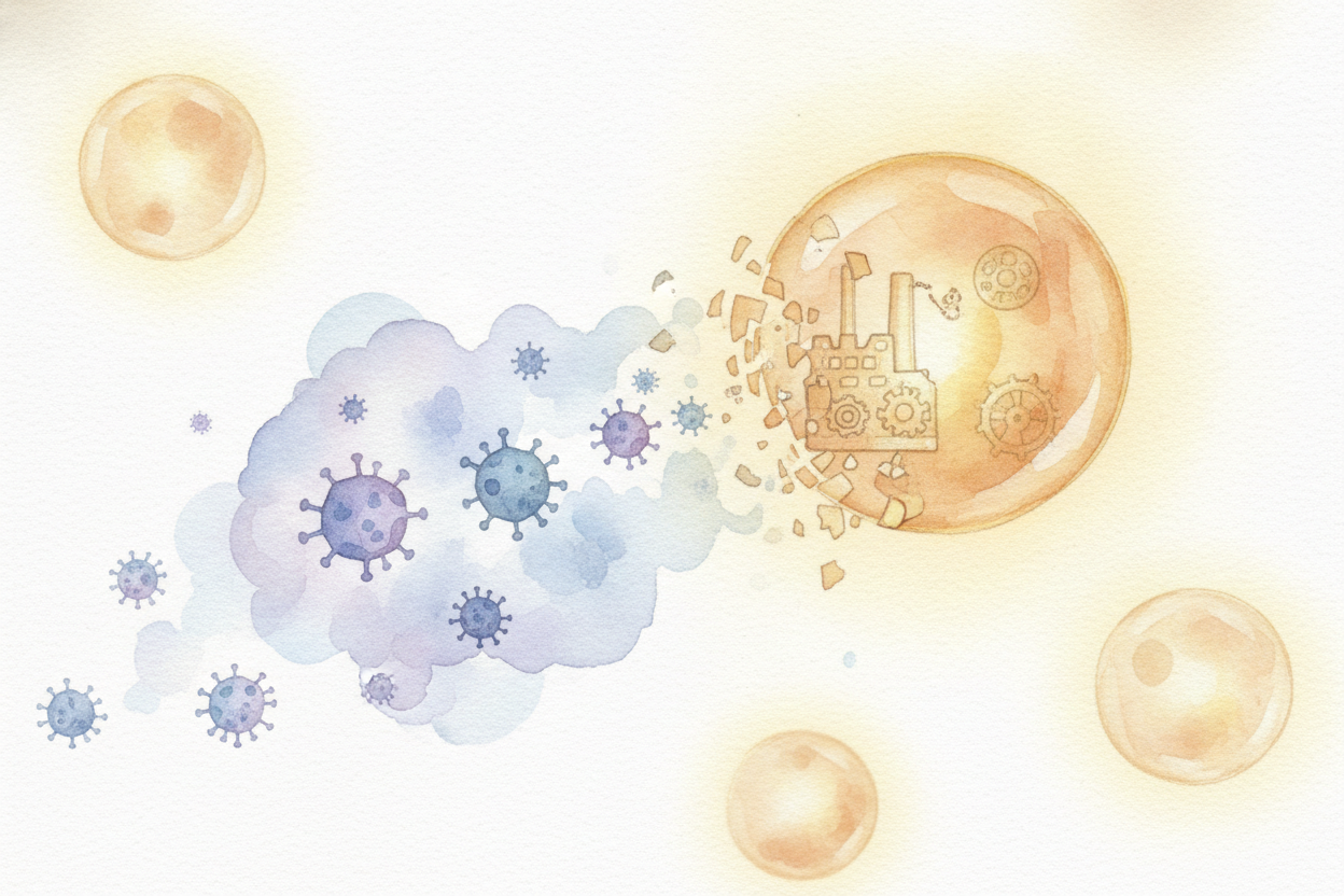 Eventually the stuffed-full cell ~~bursts open~~, and out spill the new viruses, each one ready to find a fresh cell and