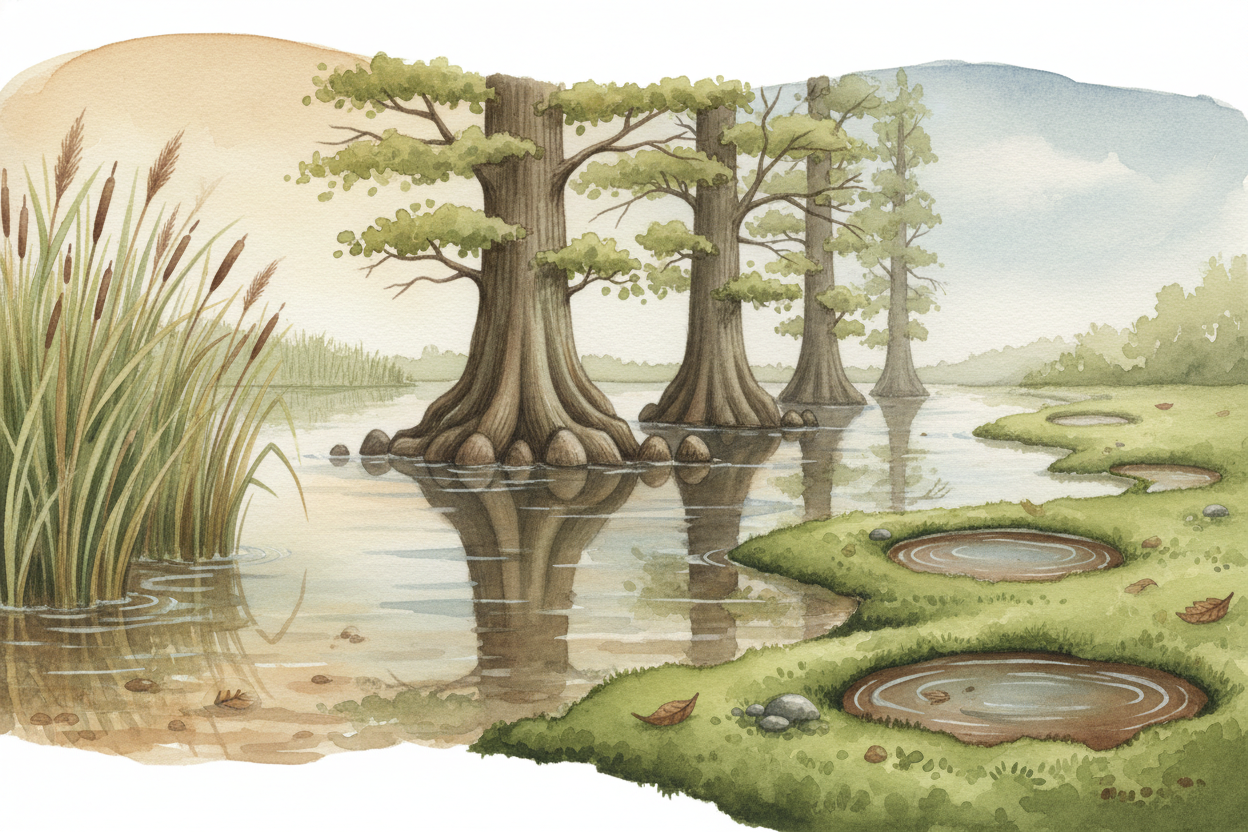 **Wetlands come in different flavors**. Marshes are grassy and open, with reeds poking up through the water **like green