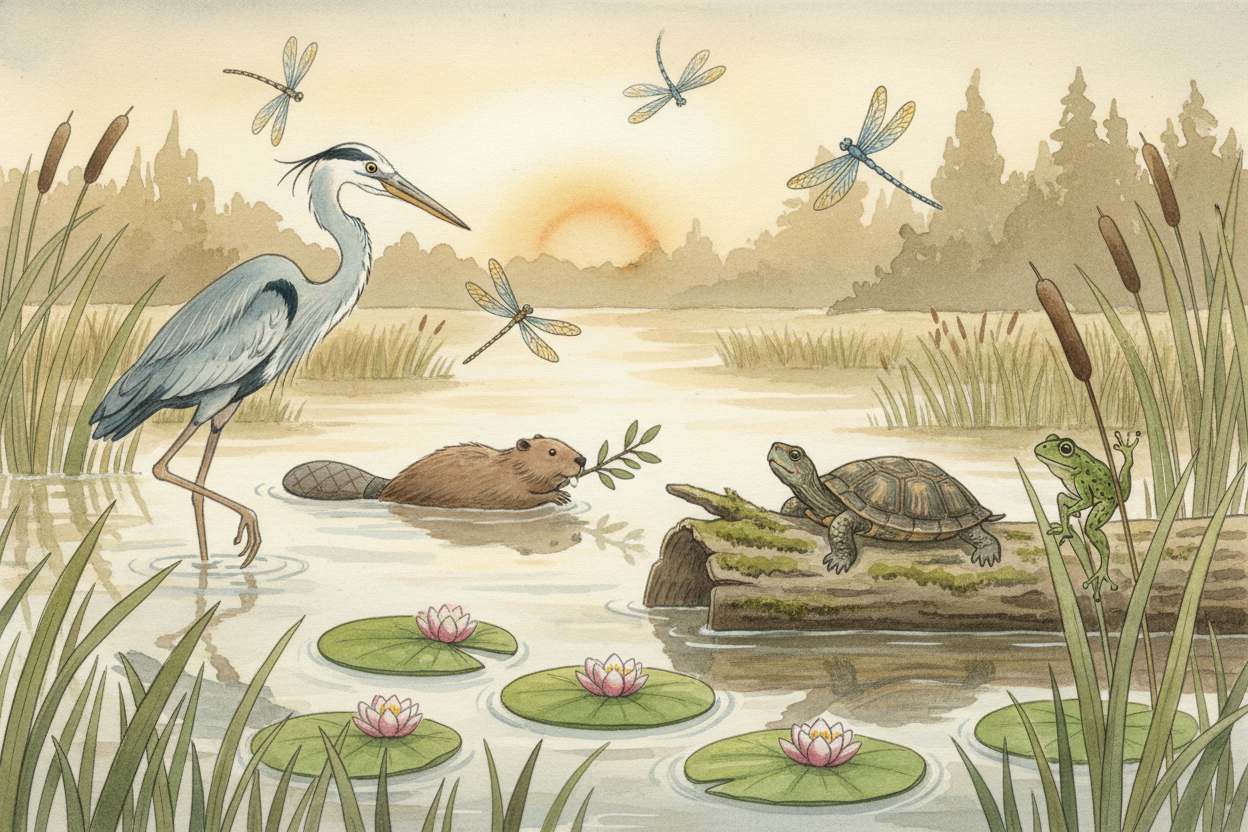 This sogginess creates a **buffet for wildlife**. Fish hide in the shallow water. Frogs lay eggs in quiet pools. Birds w