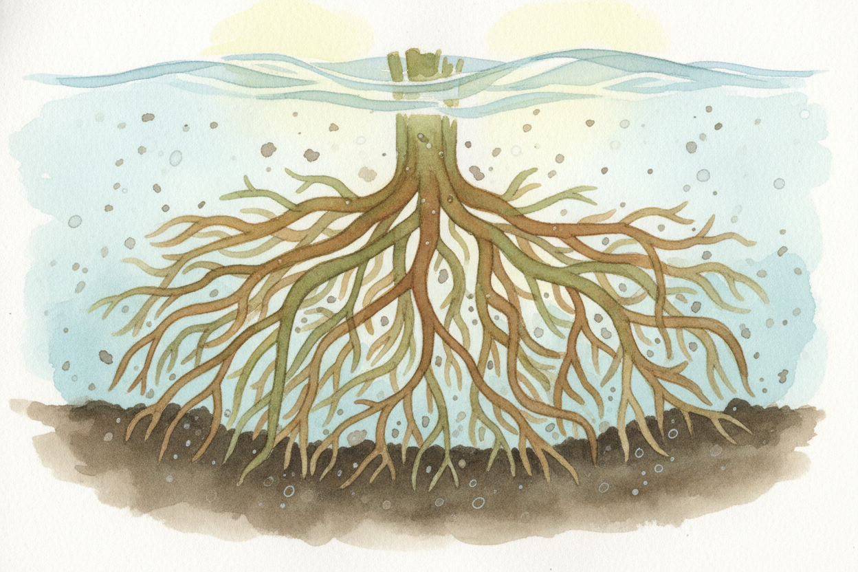 Wetlands are also **nature's water filters**. As water flows through the plants and soil, the *roots trap dirt and pollu