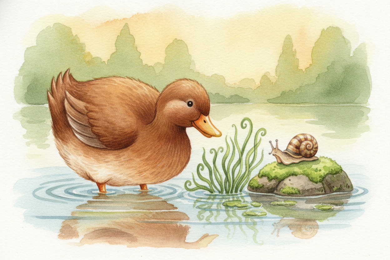~~But a frog can't eat sunlight.~~ So the next members eat the plants instead. A snail nibbles algae, a duck munches wee