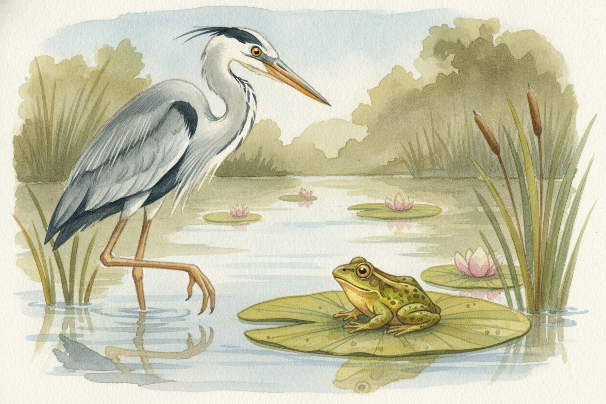 Then come the consumers who eat the consumers. ~~The frog snaps up a bug.~~ A heron eyes the frog. Energy that started a