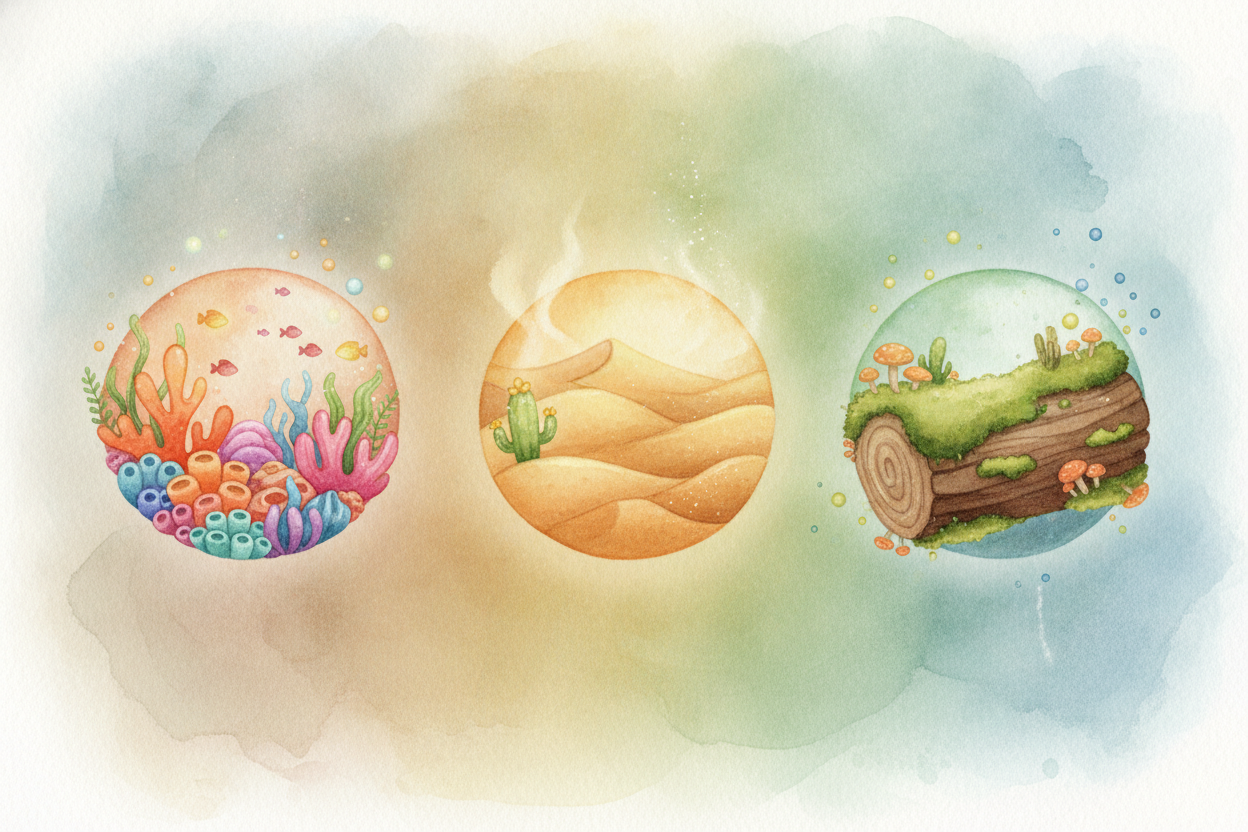 Ecosystems come in every size, too. A forest is one. So is a coral reef, a desert, ~~even a single rotting log full of b