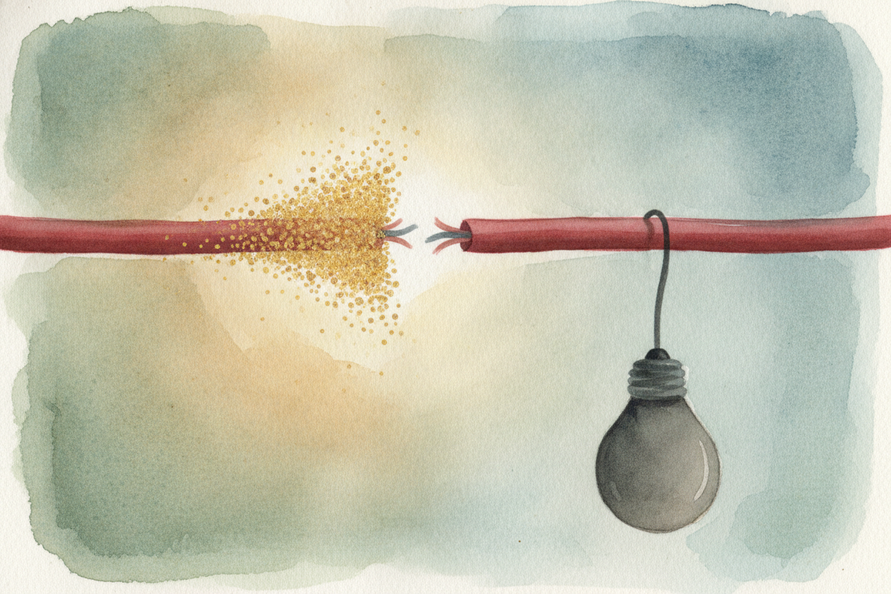 그렇다면 왜 *완전한 고리*가 필요할까요? 전선을 어디든 ~~싹둑~~ 자르면, **트랙이 끊어져** 버린 거예요. 전하들은 틈에 다다라 건널 수 없는 _텅 빈 공기_를 만나고, 그대로 멈춰 서요. 흐름도 없고, 열도