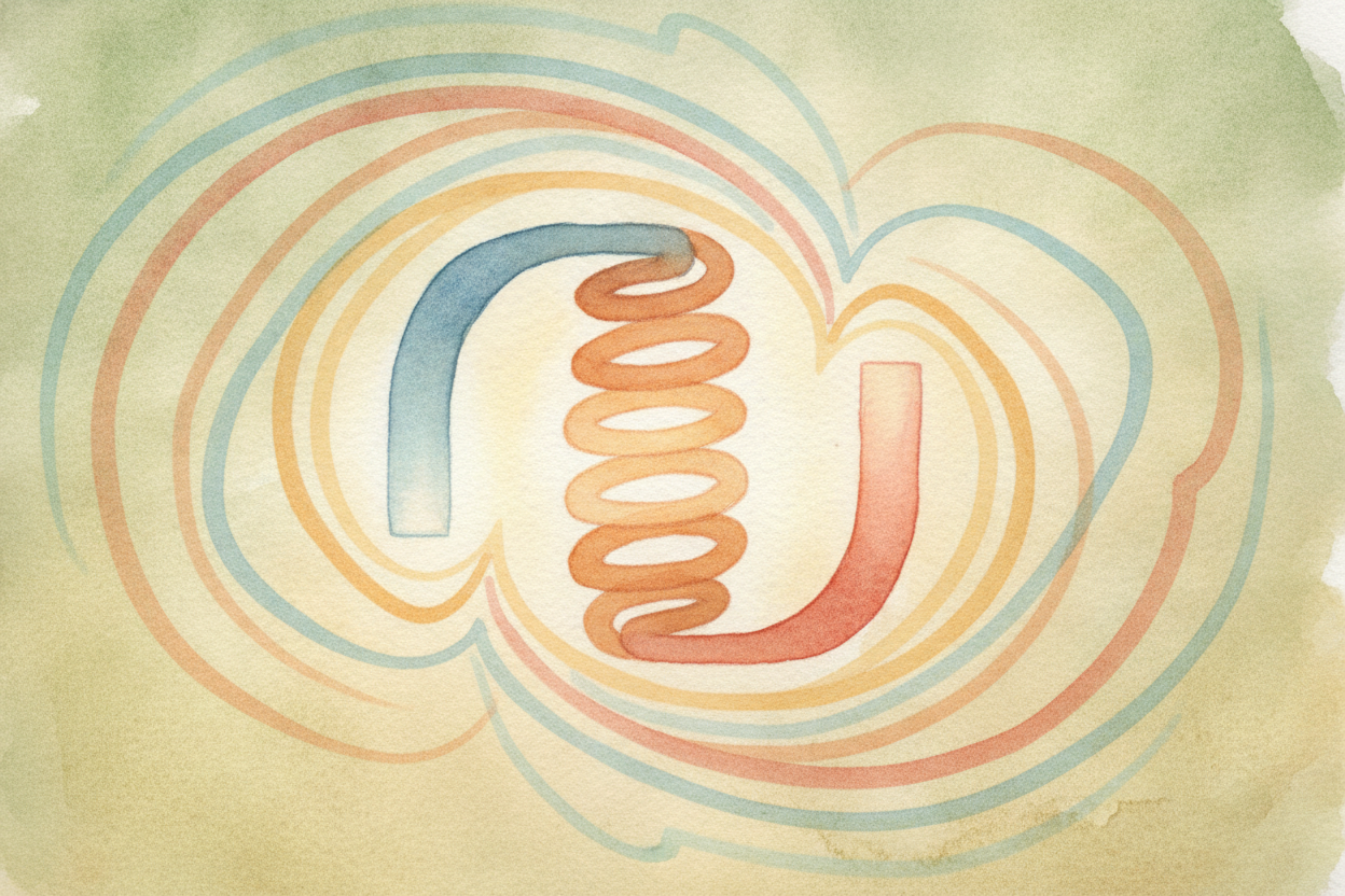 Wound into a coil, the magnetism gathers at the two ends. One end becomes a north pole, the other a south pole — **just 
