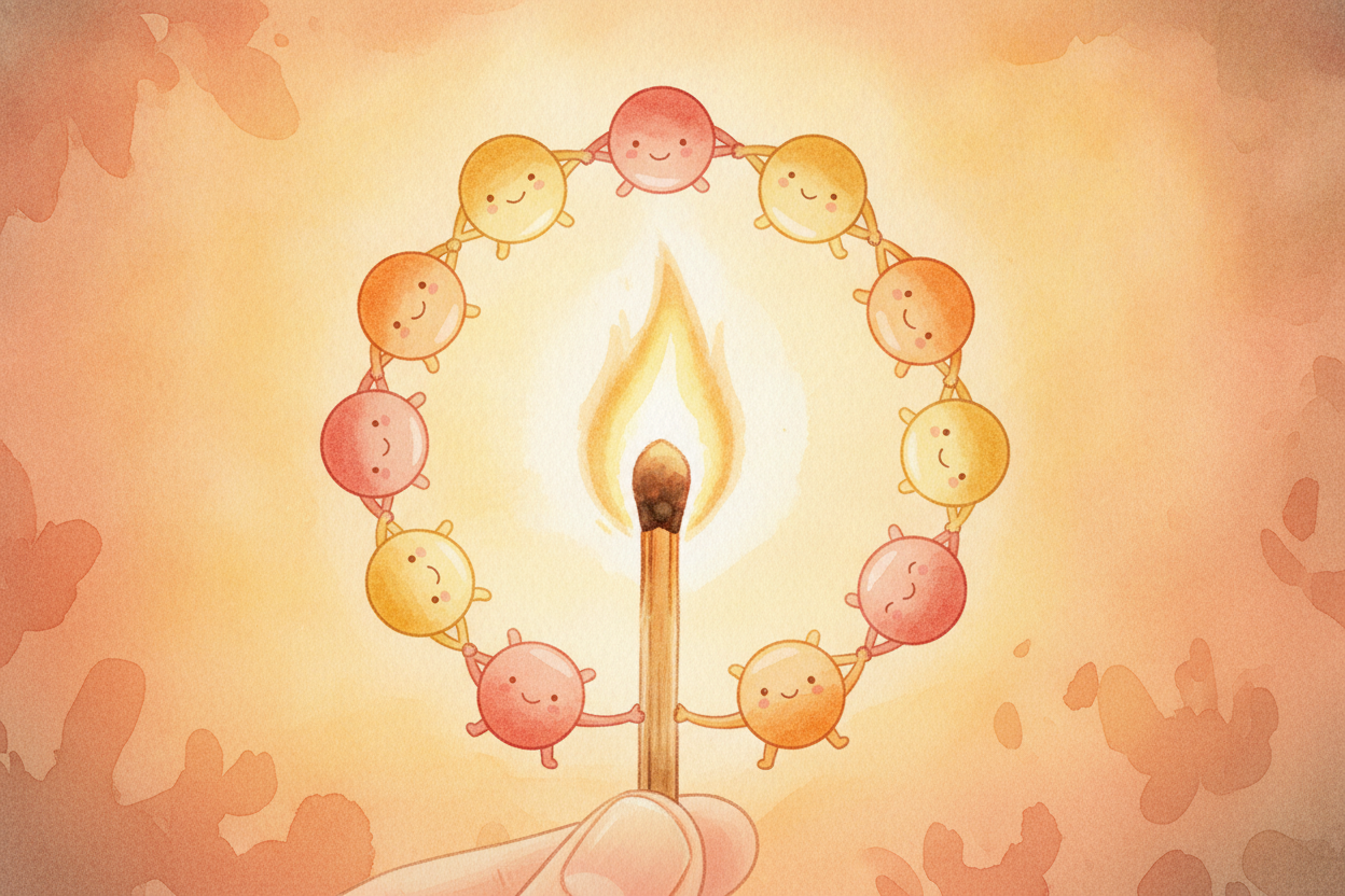 **그러니까** 이 모든 이야기는 한 문장으로 정리할 수 있어요. 새 결합이 낡은 결합보다 *더 강하고 더 행복할 때*, 반응은 열을 내보내요. 남는 에너지는 _머물 곳이 없어서_, 대신 세상을 따뜻하게 만드는 거예