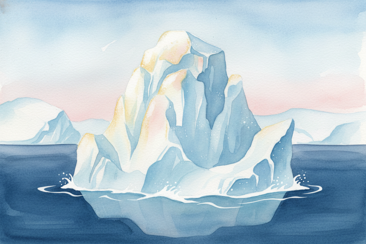 An iceberg is a massive chunk of ice floating in the ocean — some as big as cities, drifting slowly through cold seas. ~