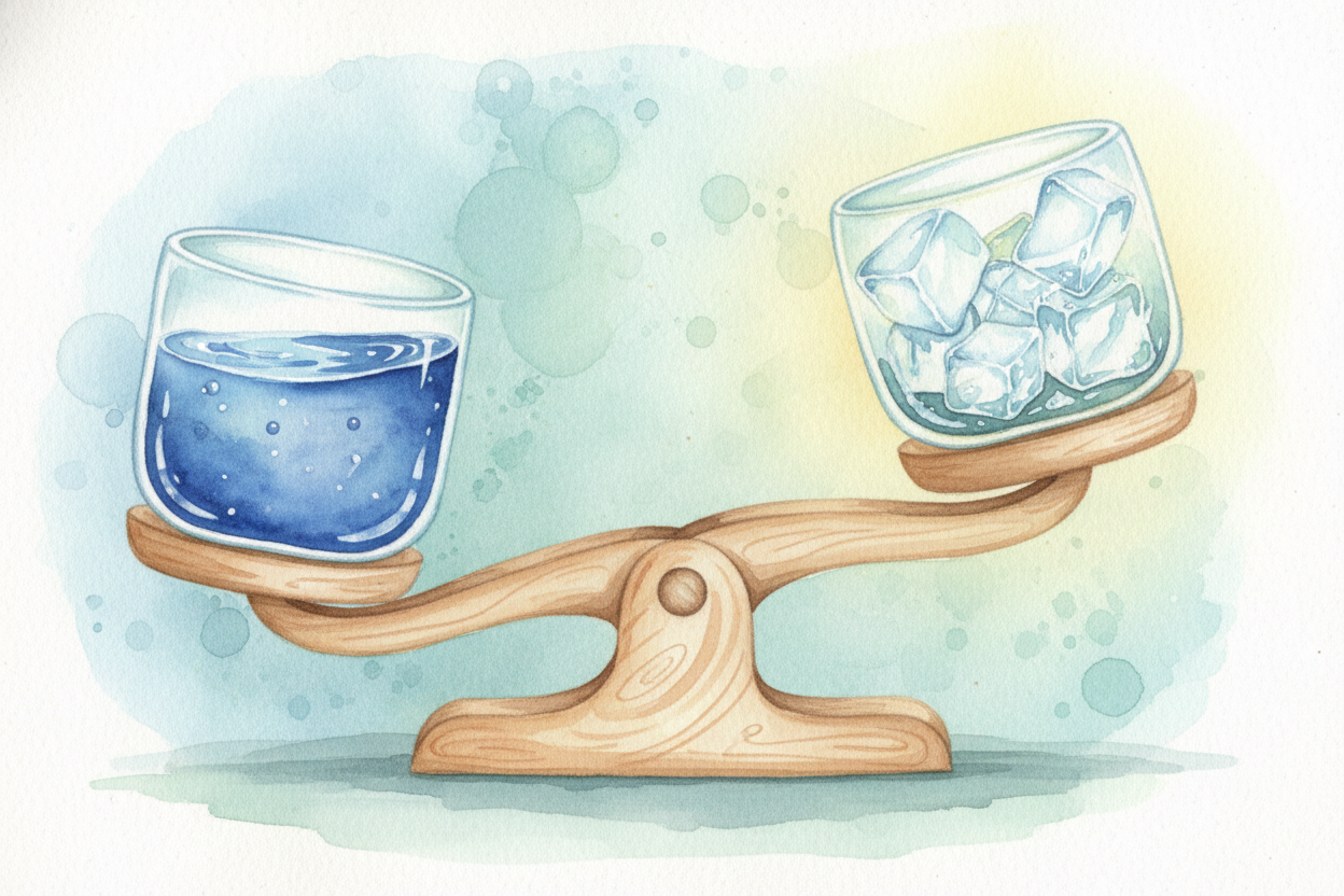 ~~Here's what that means:~~ **a chunk of ice weighs *less* than the same-sized chunk of water**. *Ice is about 9% lighte