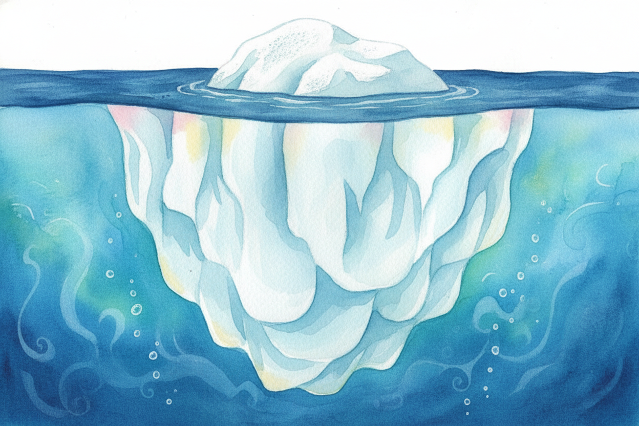 So an iceberg floats because ice is **less dense than seawater**. ~~But it doesn't sit *on top* like a cork.~~ About *90