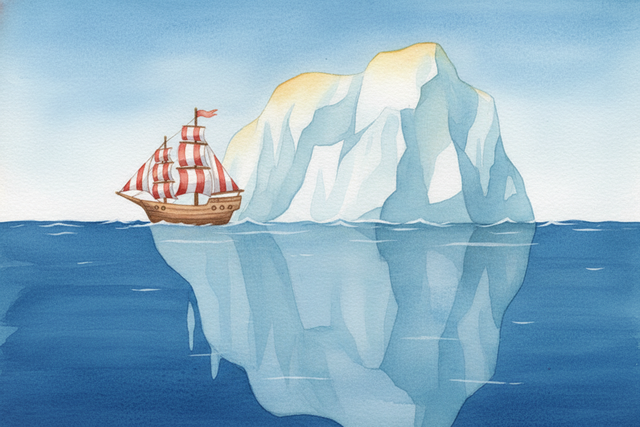 That hidden part is enormous. An iceberg **the size of a building** above water might stretch as large as **several city