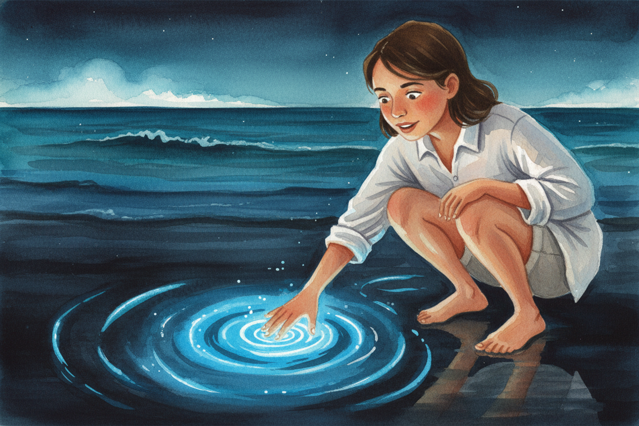 You're walking on a beach at night when the waves start glowing electric blue. You splash your hand in the water and it 