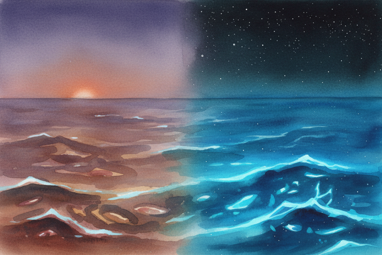 You can sometimes see bioluminescence in breaking waves during the day, too — the water looks reddish-brown from all the